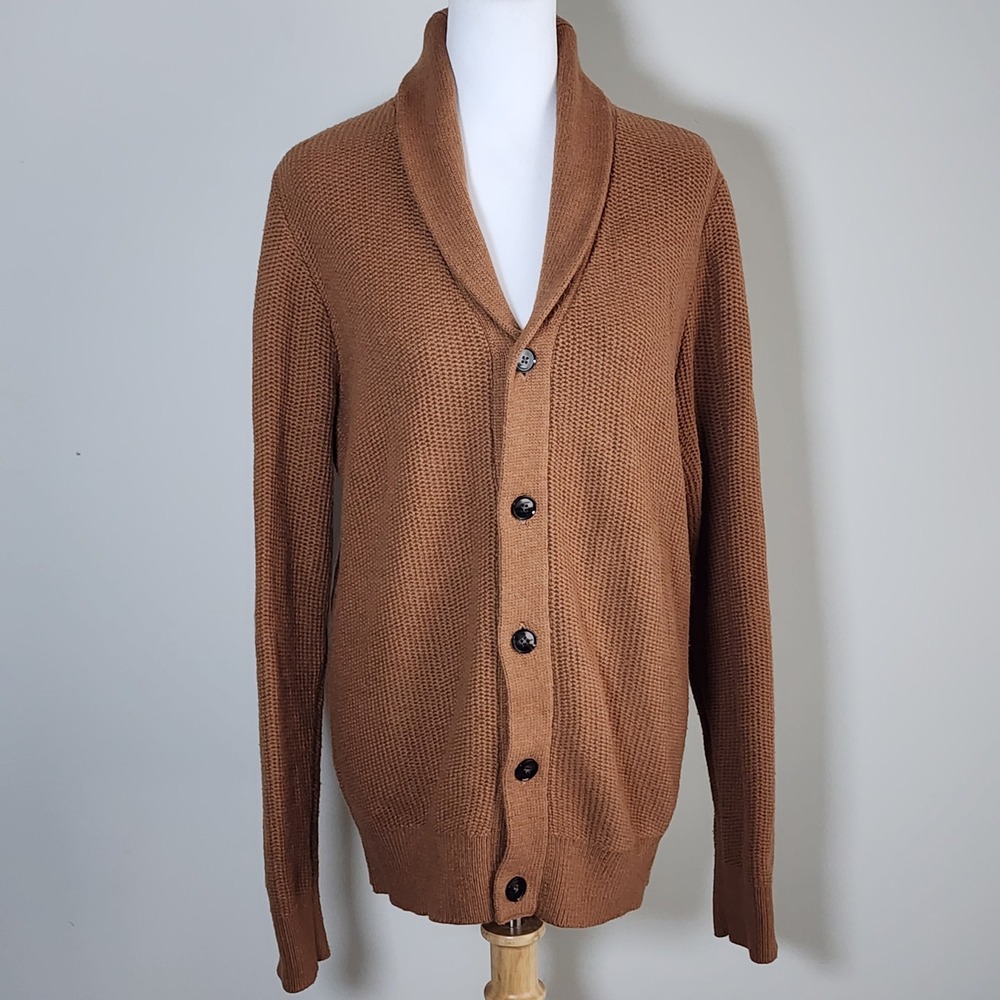 RW&CO Shawl Collar Cardigan Womens L Brown Knit Wool Blend Earthy Preppy Fall